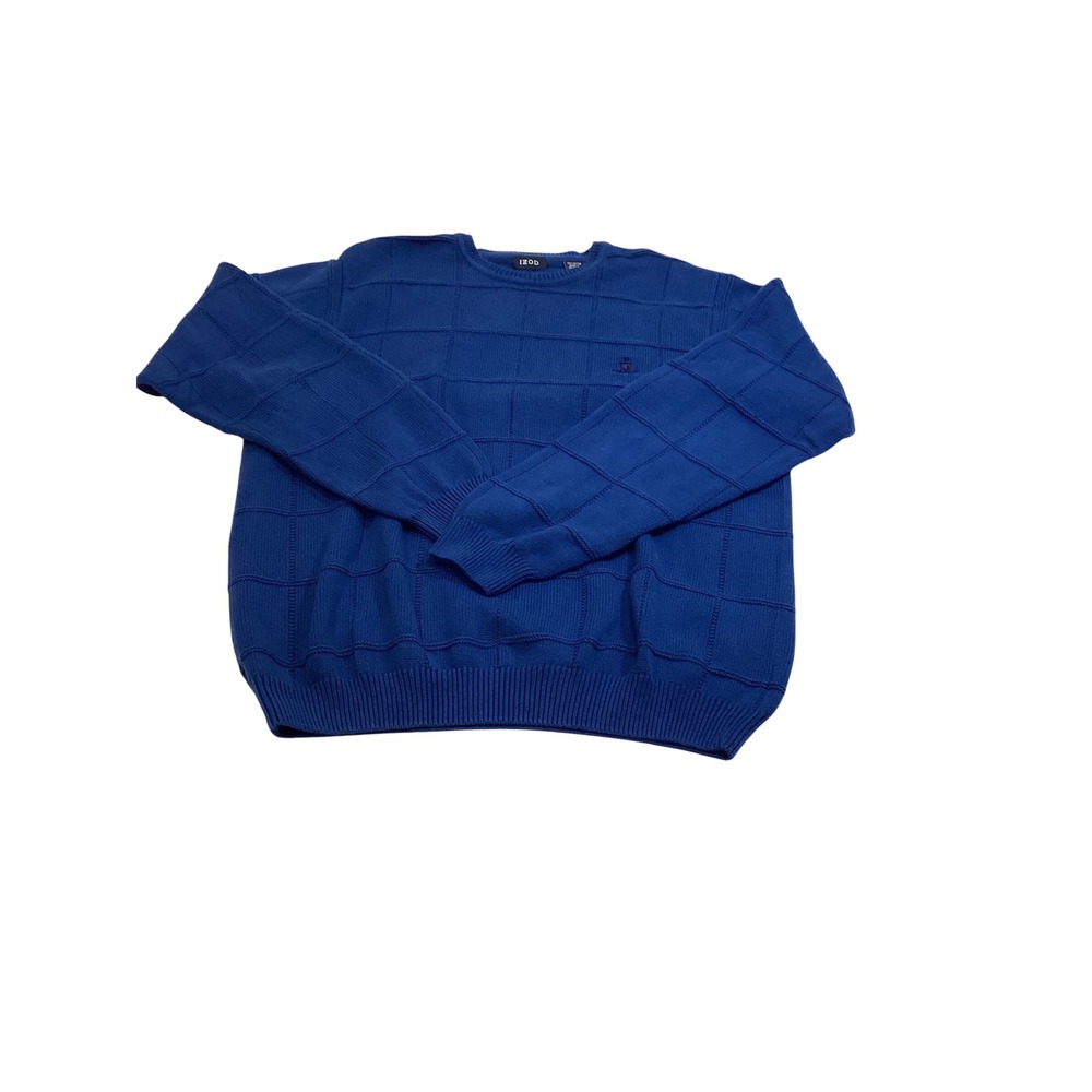 IZOD‎ Mens Blue Cotton Grid Texture Crewneck Sweater Large Embroidered Logo